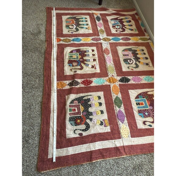 Vintage Handmade Indian Kantha quilt king size Elephant Patchwork Boho Bedspread - Picture 8 of 15